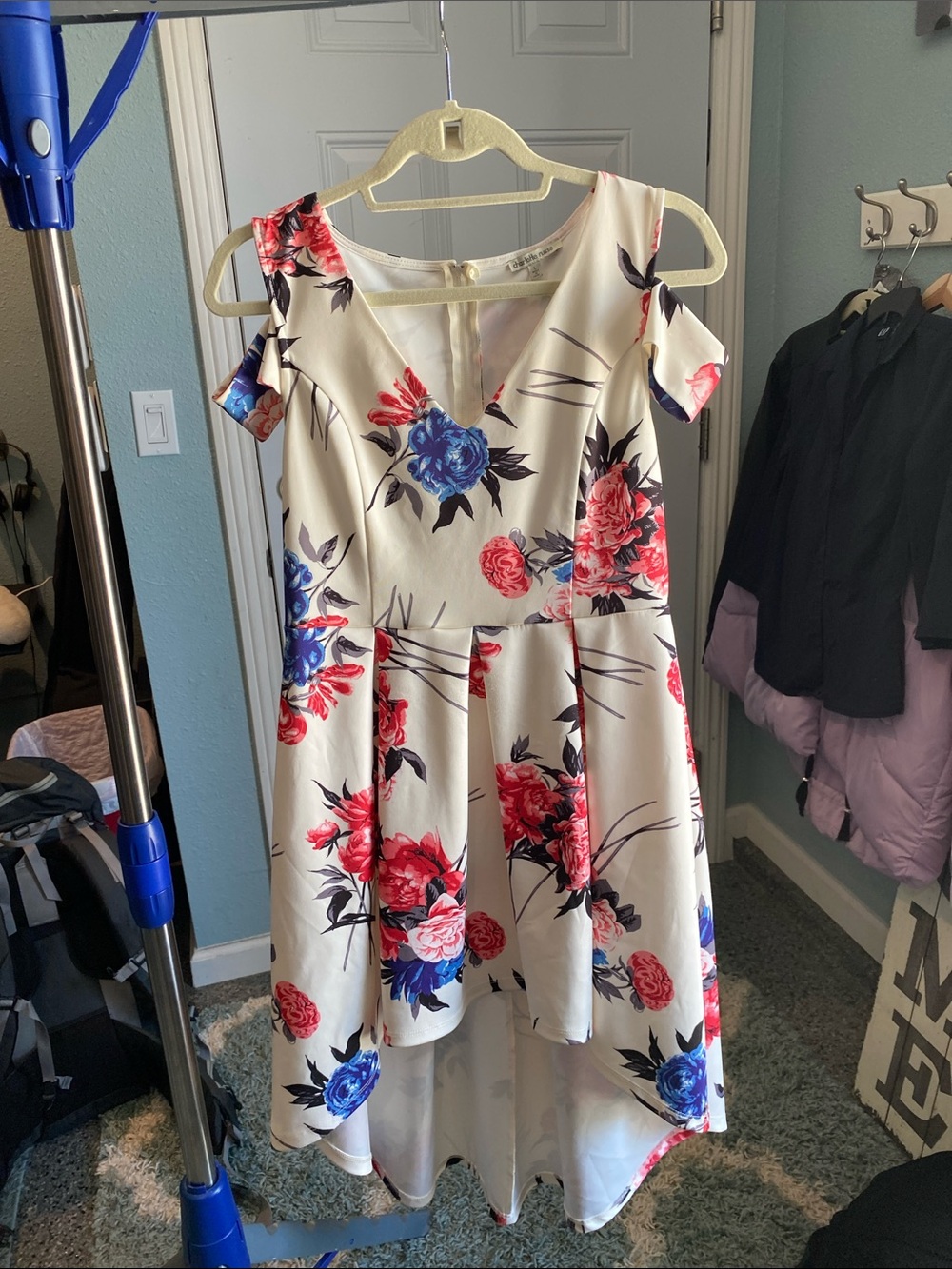 Charlotte Russe Cream High-Low Dress with Red & Blue Floral Print